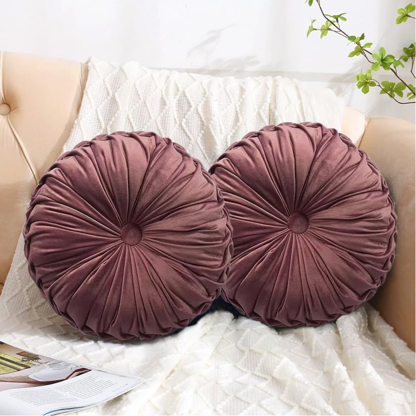 HIG Set of 2 Beige Velvet Decorative Round Pleated Throw Pillows