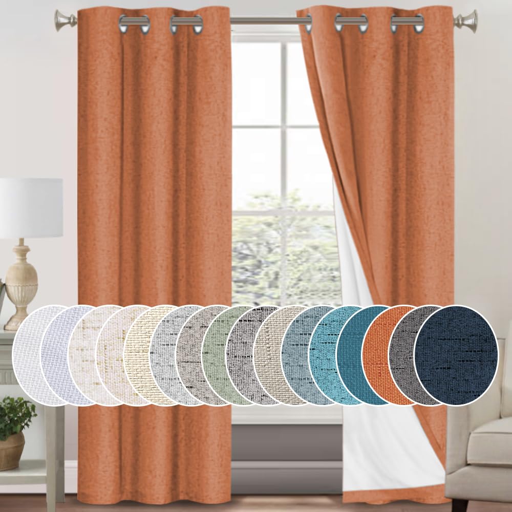 PrinceDeco Natural Linen Curtains 100% Blackout Linen Curtains for Bedroom Full Blackout Curtains 84 Inches Long Living Room Thermal Insulated Light Blocking Curtain Drapes White Backing, 2 Panels