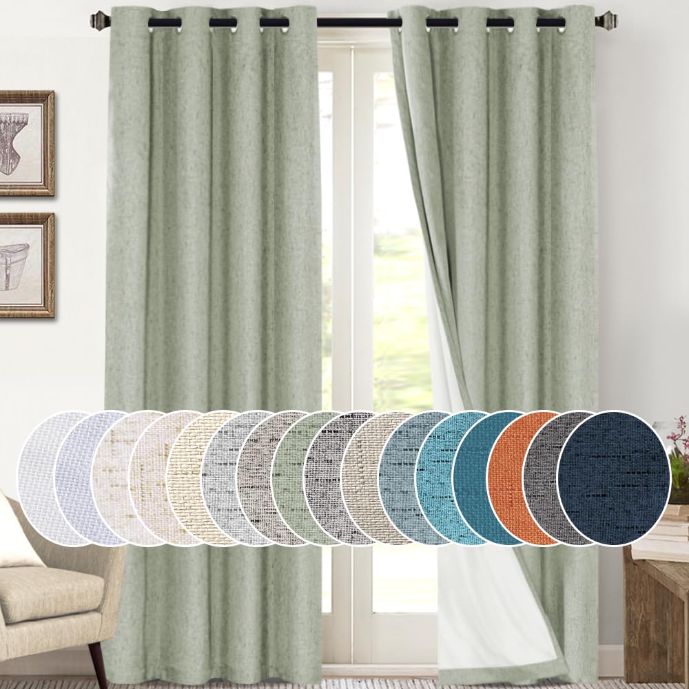 PrinceDeco Natural Linen Curtains 100% Blackout Linen Curtains for Bedroom Full Blackout Curtains 84 Inches Long Living Room Thermal Insulated Light Blocking Curtain Drapes White Backing, 2 Panels