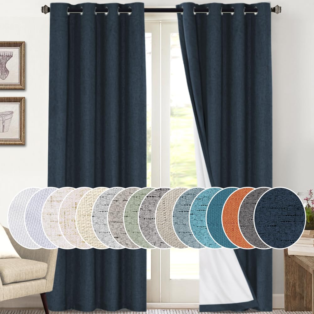 PrinceDeco Natural Linen Curtains 100% Blackout Linen Curtains for Bedroom Full Blackout Curtains 84 Inches Long Living Room Thermal Insulated Light Blocking Curtain Drapes White Backing, 2 Panels