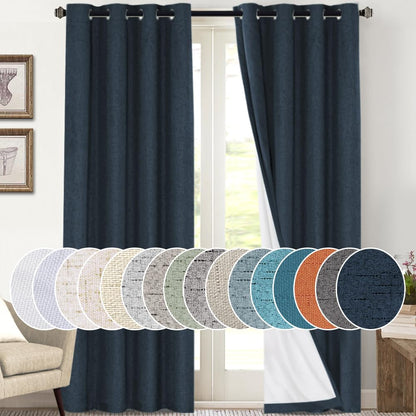 PrinceDeco Natural Linen Curtains 100% Blackout Linen Curtains for Bedroom Full Blackout Curtains 84 Inches Long Living Room Thermal Insulated Light Blocking Curtain Drapes White Backing, 2 Panels