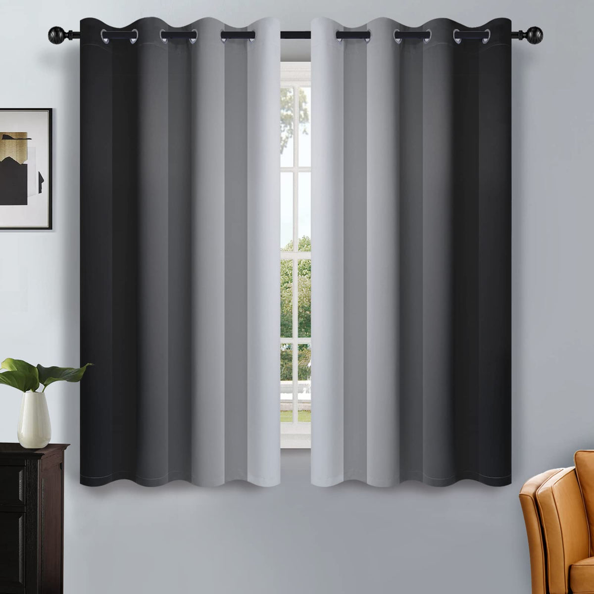 SimpleHome Ombre Black to Grey White Curtains for Living Room 52Wx84L