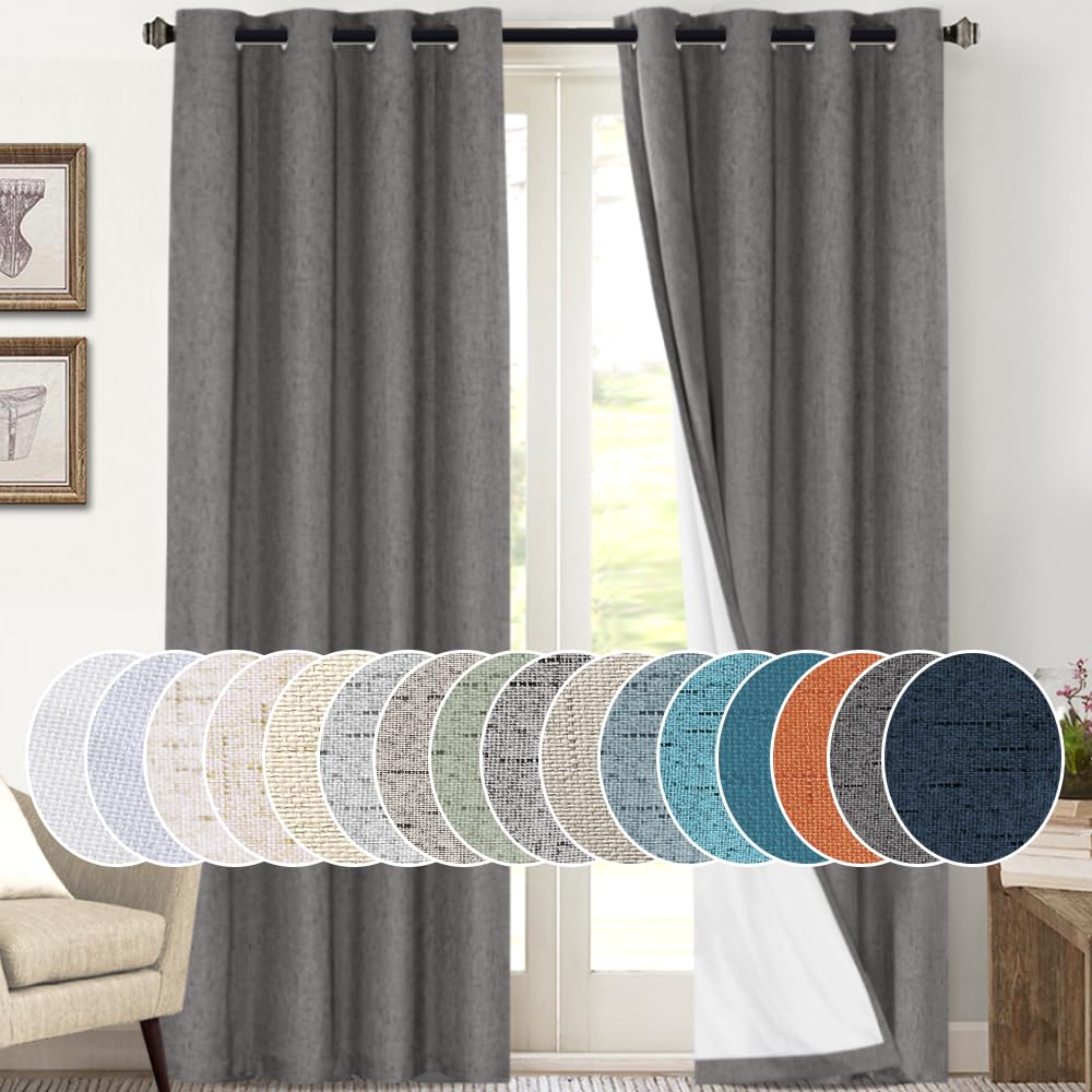 PrinceDeco Natural Linen Curtains 100% Blackout Linen Curtains for Bedroom Full Blackout Curtains 84 Inches Long Living Room Thermal Insulated Light Blocking Curtain Drapes White Backing, 2 Panels