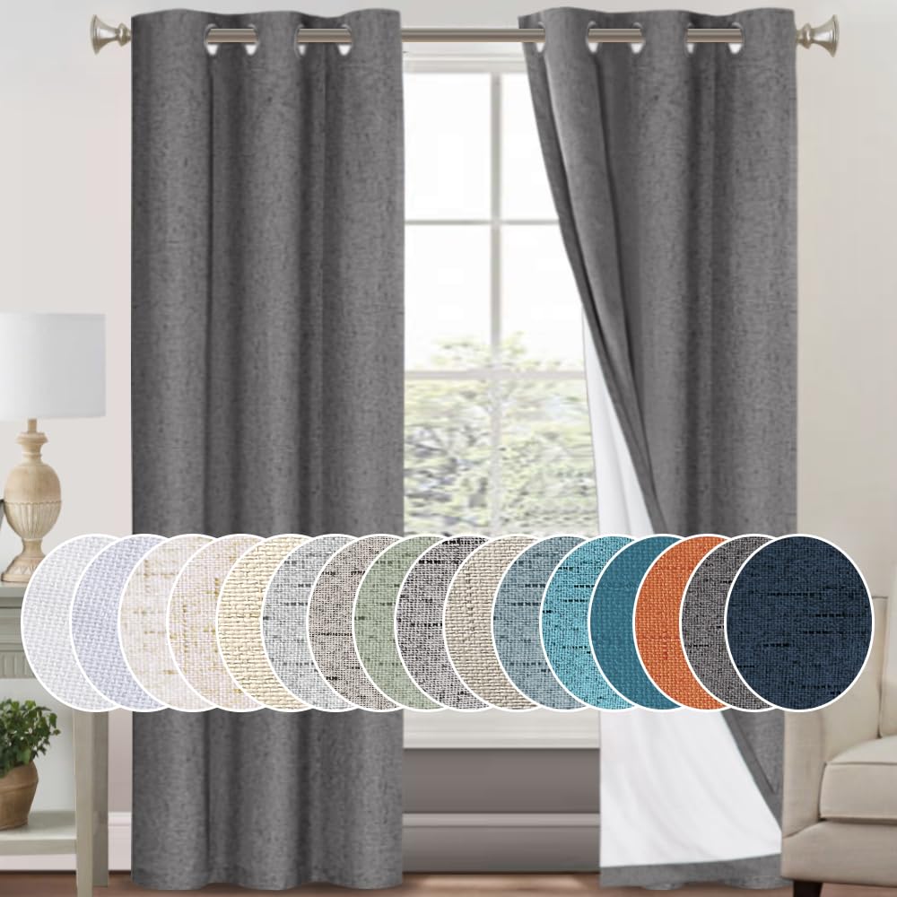 PrinceDeco Natural Linen Curtains 100% Blackout Linen Curtains for Bedroom Full Blackout Curtains 84 Inches Long Living Room Thermal Insulated Light Blocking Curtain Drapes White Backing, 2 Panels