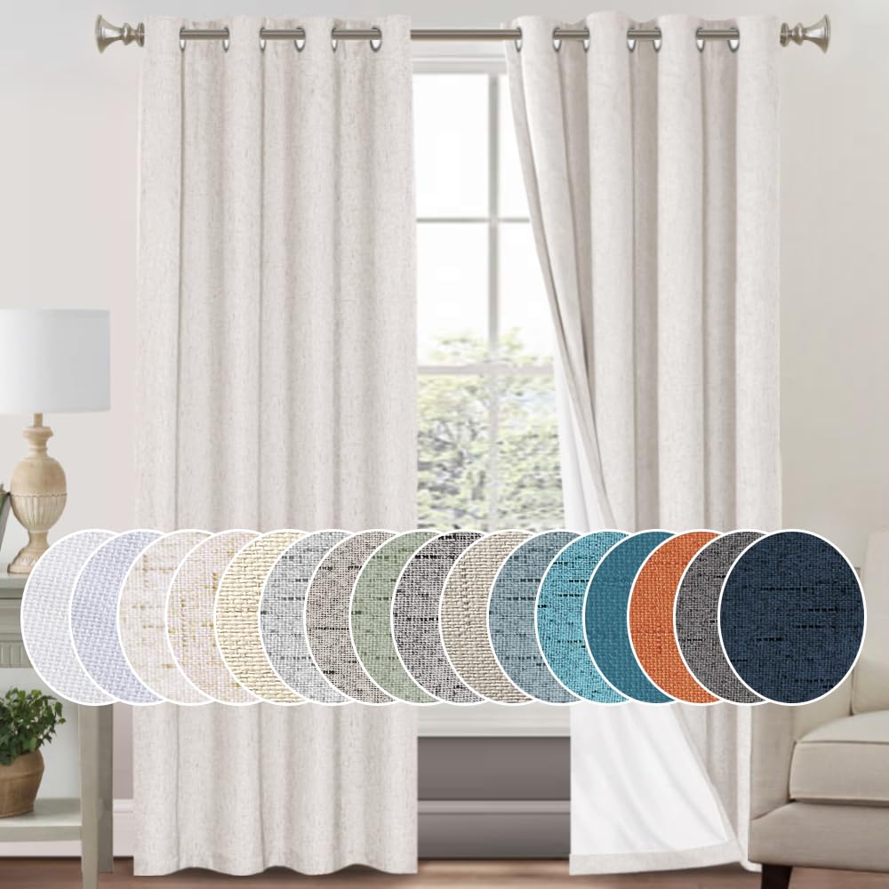 PrinceDeco Natural Linen Curtains 100% Blackout Linen Curtains for Bedroom Full Blackout Curtains 84 Inches Long Living Room Thermal Insulated Light Blocking Curtain Drapes White Backing, 2 Panels
