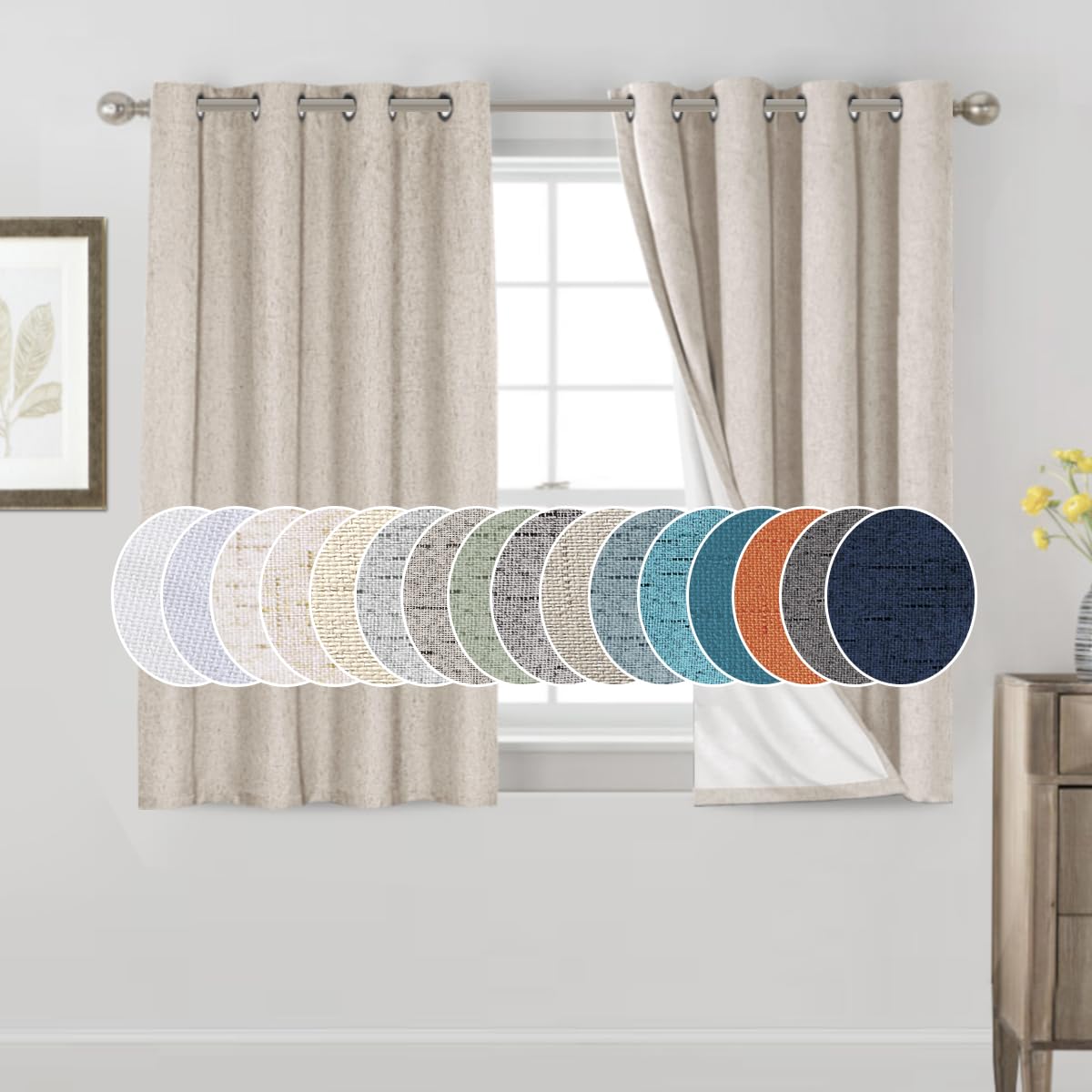 PrinceDeco Natural Linen Curtains 100% Blackout Linen Curtains for Bedroom Full Blackout Curtains 84 Inches Long Living Room Thermal Insulated Light Blocking Curtain Drapes White Backing, 2 Panels