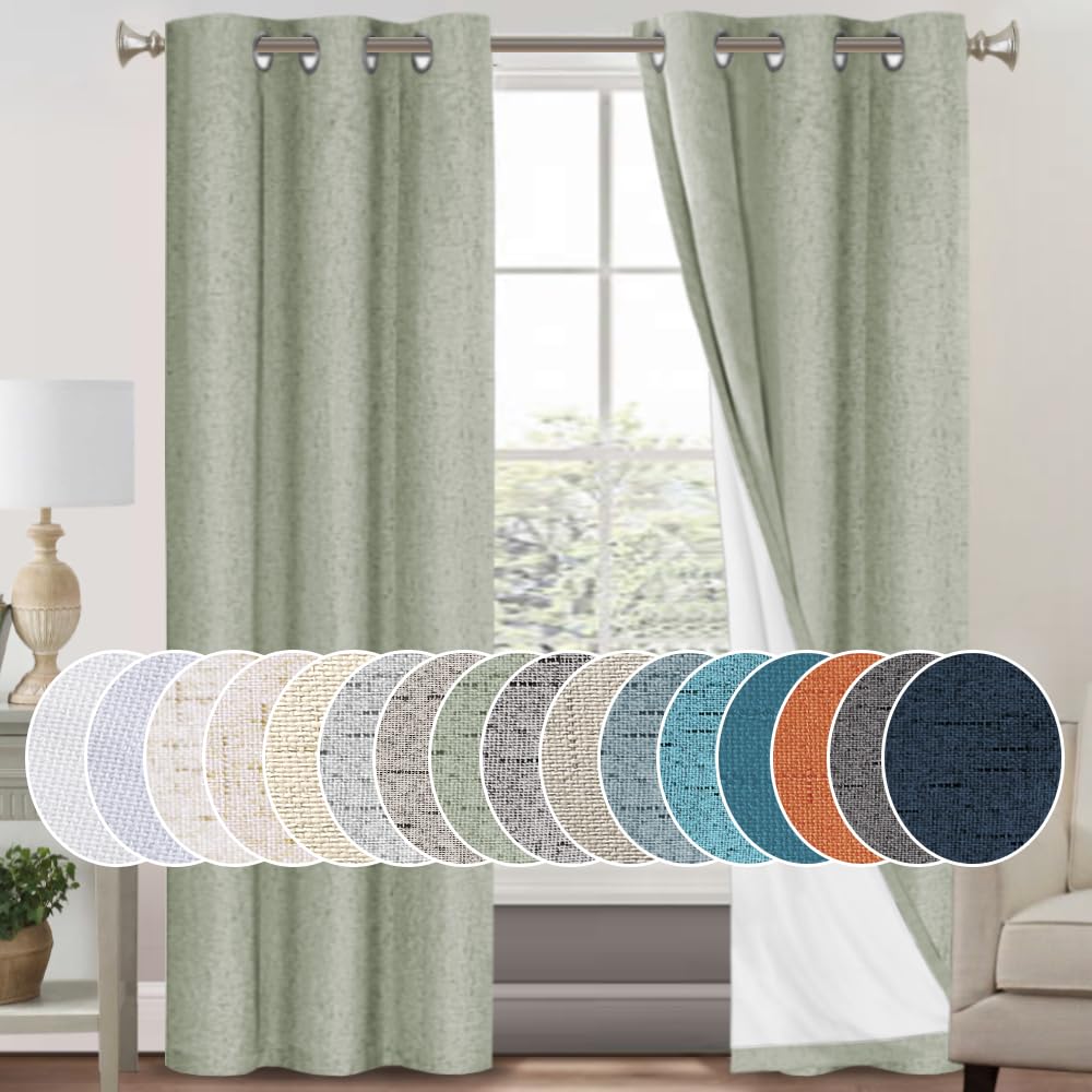 PrinceDeco Natural Linen Curtains 100% Blackout Linen Curtains for Bedroom Full Blackout Curtains 84 Inches Long Living Room Thermal Insulated Light Blocking Curtain Drapes White Backing, 2 Panels