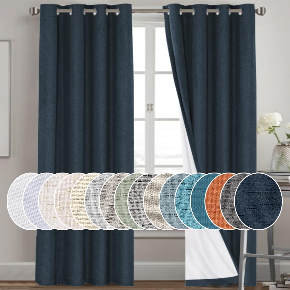 PrinceDeco Natural Linen Curtains 100% Blackout Linen Curtains for Bedroom Full Blackout Curtains 84 Inches Long Living Room Thermal Insulated Light Blocking Curtain Drapes White Backing, 2 Panels