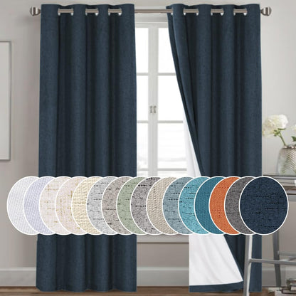 PrinceDeco Natural Linen Curtains 100% Blackout Linen Curtains for Bedroom Full Blackout Curtains 84 Inches Long Living Room Thermal Insulated Light Blocking Curtain Drapes White Backing, 2 Panels