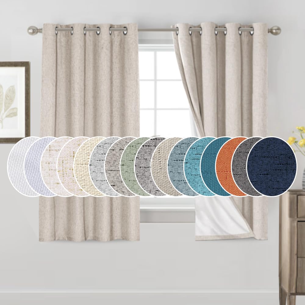 PrinceDeco Natural Linen Curtains 100% Blackout Linen Curtains for Bedroom Full Blackout Curtains 84 Inches Long Living Room Thermal Insulated Light Blocking Curtain Drapes White Backing, 2 Panels