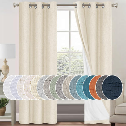 PrinceDeco Natural Linen Curtains 100% Blackout Linen Curtains for Bedroom Full Blackout Curtains 84 Inches Long Living Room Thermal Insulated Light Blocking Curtain Drapes White Backing, 2 Panels