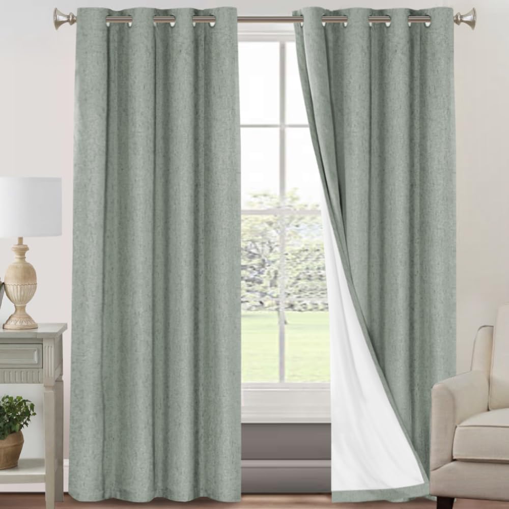 PrinceDeco Natural Linen Curtains 100% Blackout Linen Curtains for Bedroom Full Blackout Curtains 84 Inches Long Living Room Thermal Insulated Light Blocking Curtain Drapes White Backing, 2 Panels