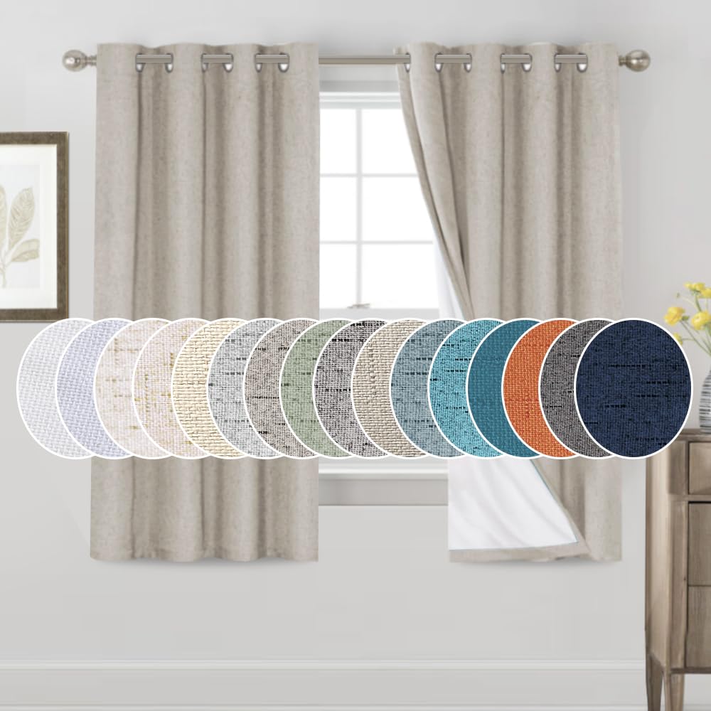 PrinceDeco Natural Linen Curtains 100% Blackout Linen Curtains for Bedroom Full Blackout Curtains 84 Inches Long Living Room Thermal Insulated Light Blocking Curtain Drapes White Backing, 2 Panels