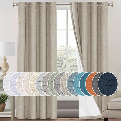 PrinceDeco Natural Linen Curtains 100% Blackout Linen Curtains for Bedroom Full Blackout Curtains 84 Inches Long Living Room Thermal Insulated Light Blocking Curtain Drapes White Backing, 2 Panels
