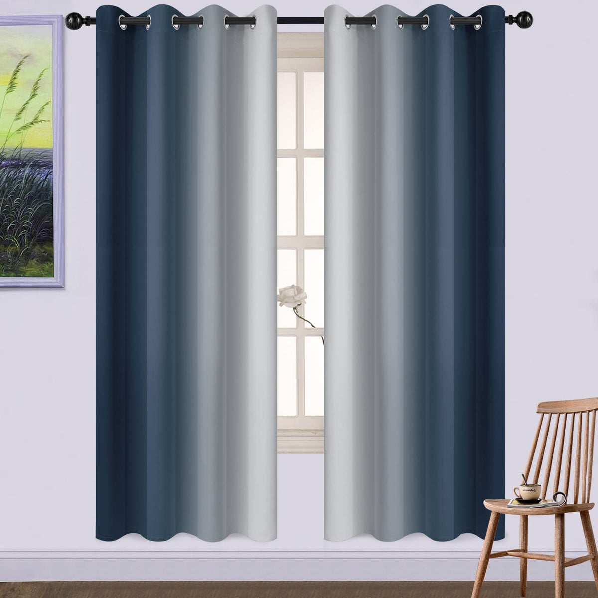 Yakamok Ombre Curtains Blue and Greyish White for Living Room,52Wx84L