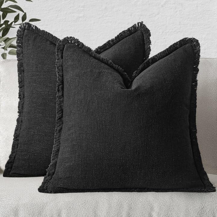 MIULEE Linen Fringe Decorative Fall Throw Pillow Covers Cocoa Brown 18x18