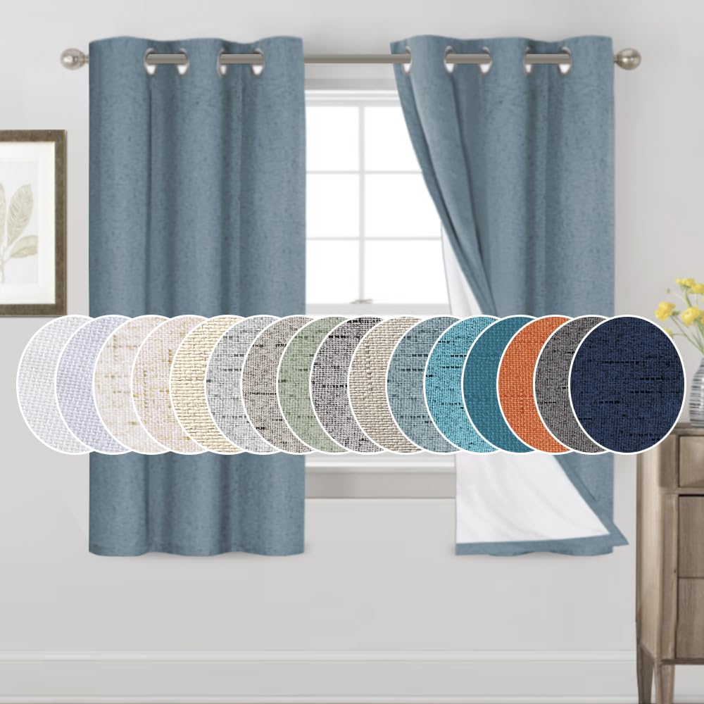 PrinceDeco Natural Linen Curtains 100% Blackout Linen Curtains for Bedroom Full Blackout Curtains 84 Inches Long Living Room Thermal Insulated Light Blocking Curtain Drapes White Backing, 2 Panels