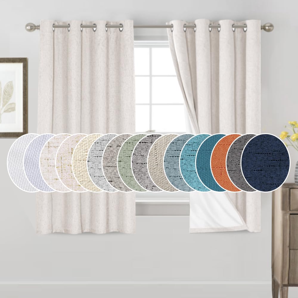 PrinceDeco Natural Linen Curtains 100% Blackout Linen Curtains for Bedroom Full Blackout Curtains 84 Inches Long Living Room Thermal Insulated Light Blocking Curtain Drapes White Backing, 2 Panels