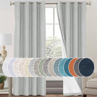 PrinceDeco Natural Linen Curtains 100% Blackout Linen Curtains for Bedroom Full Blackout Curtains 84 Inches Long Living Room Thermal Insulated Light Blocking Curtain Drapes White Backing, 2 Panels
