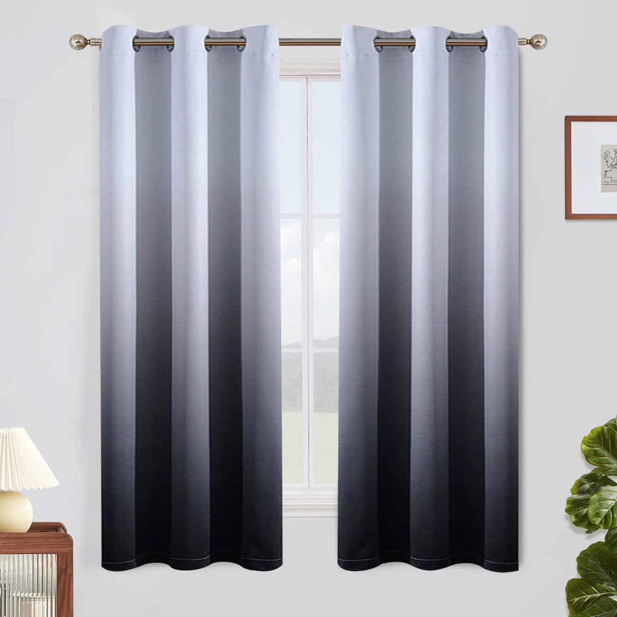 SimpleHome Ombre Black to Grey White Curtains for Living Room 52Wx84L