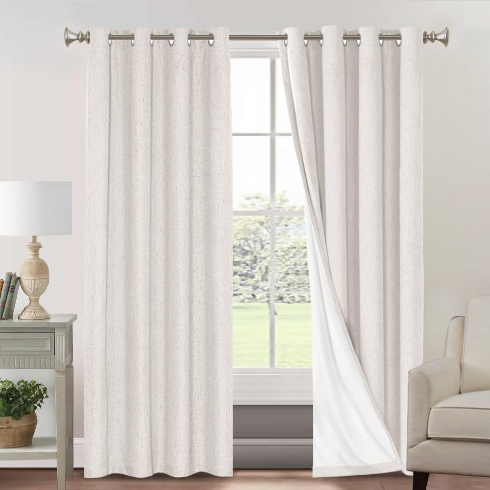 PrinceDeco Natural Linen Curtains 100% Blackout Linen Curtains for Bedroom Full Blackout Curtains 84 Inches Long Living Room Thermal Insulated Light Blocking Curtain Drapes White Backing, 2 Panels