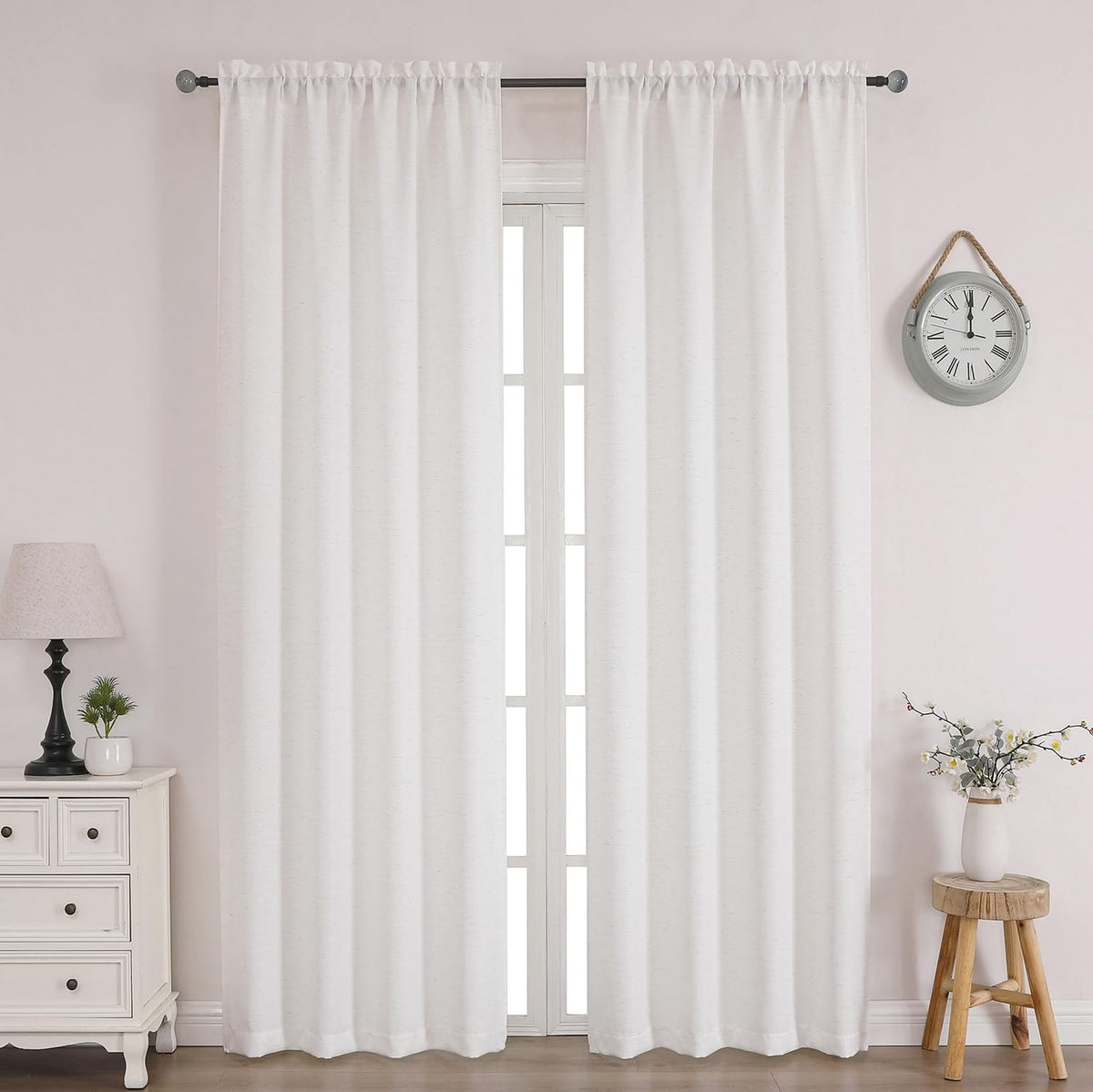 Chyhomenyc White Curtains 45 Inch Length 2 Panels, Faux Linen Textured