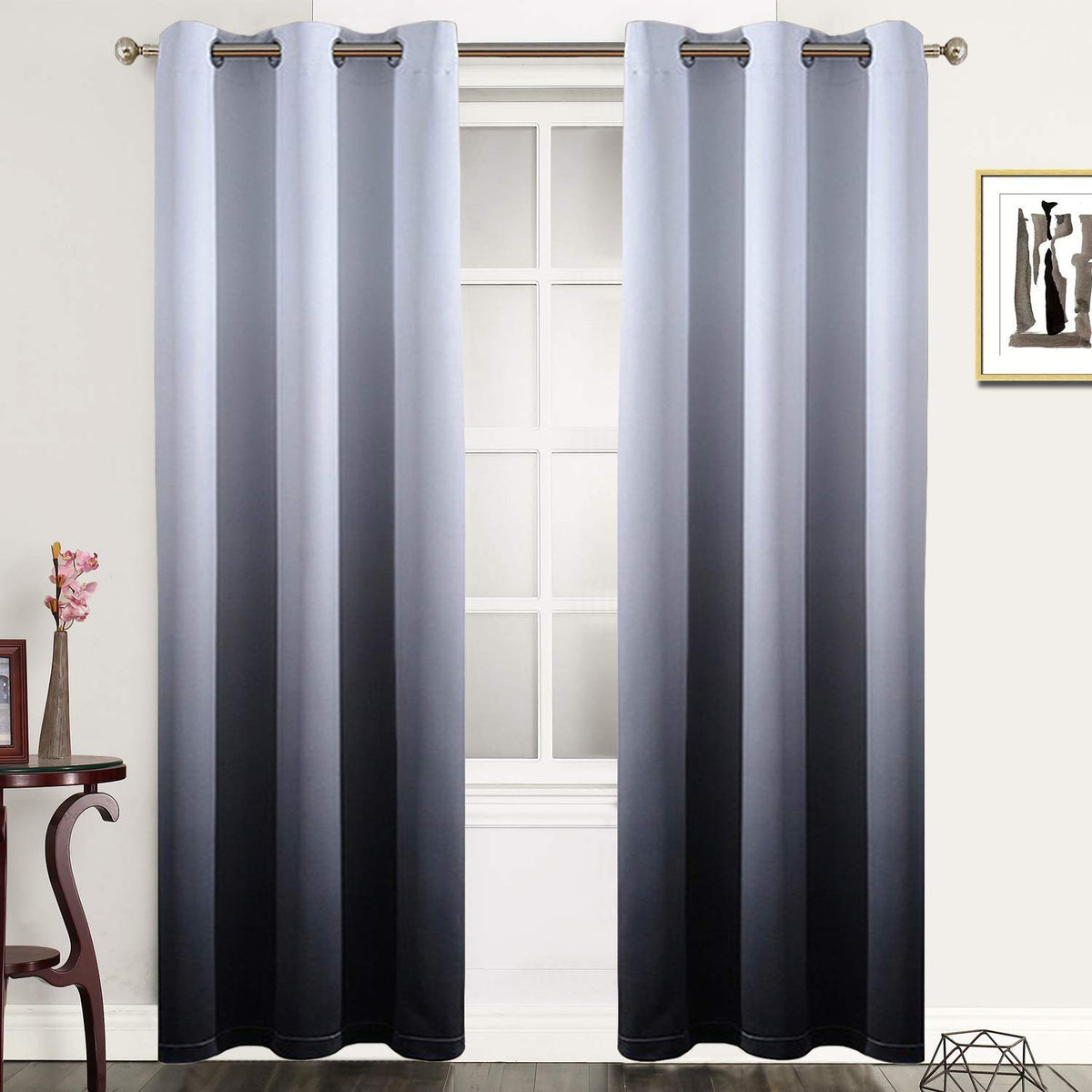 SimpleHome Ombre Black to Grey White Curtains for Living Room 52Wx84L