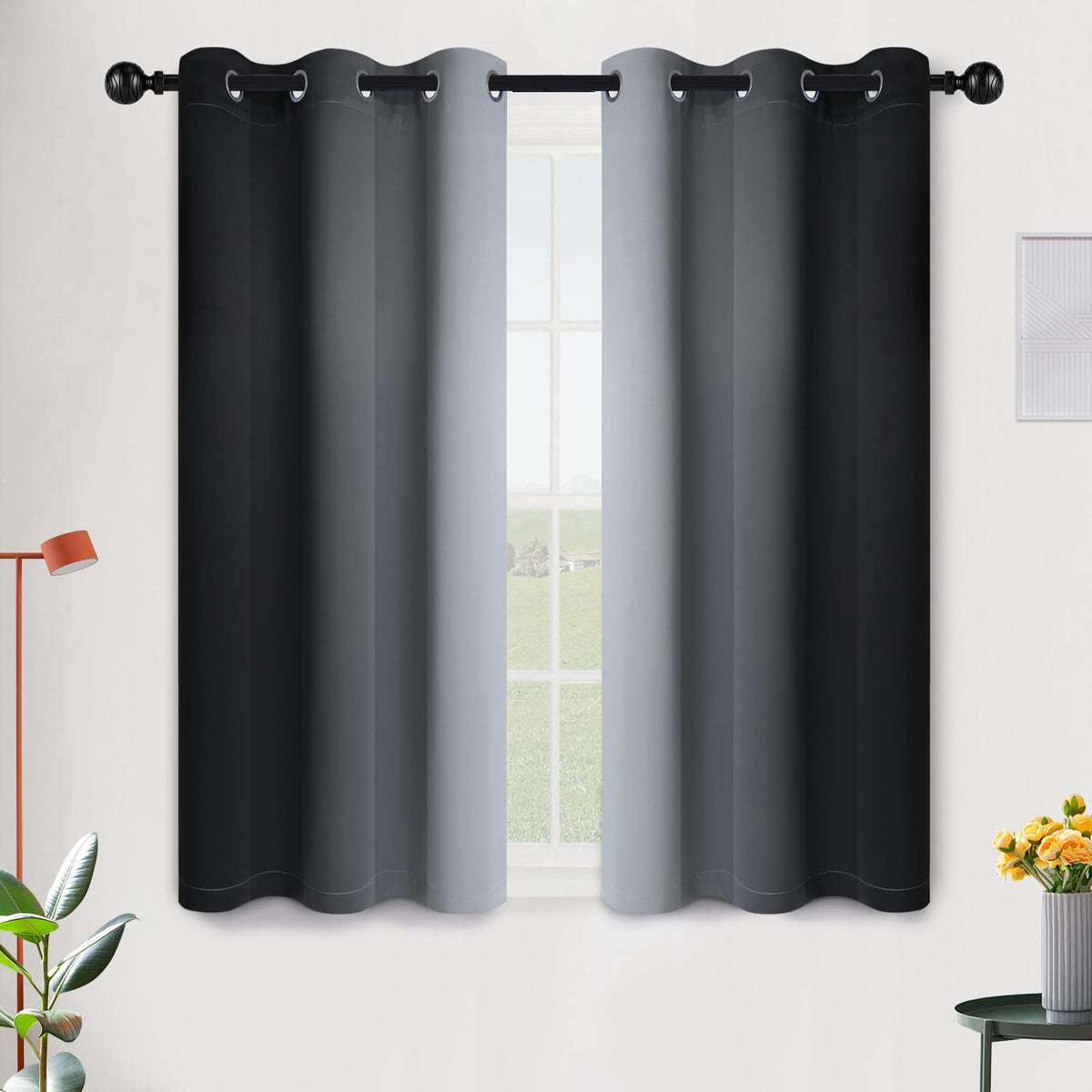 SimpleHome Ombre Black to Grey White Curtains for Living Room 52Wx84L