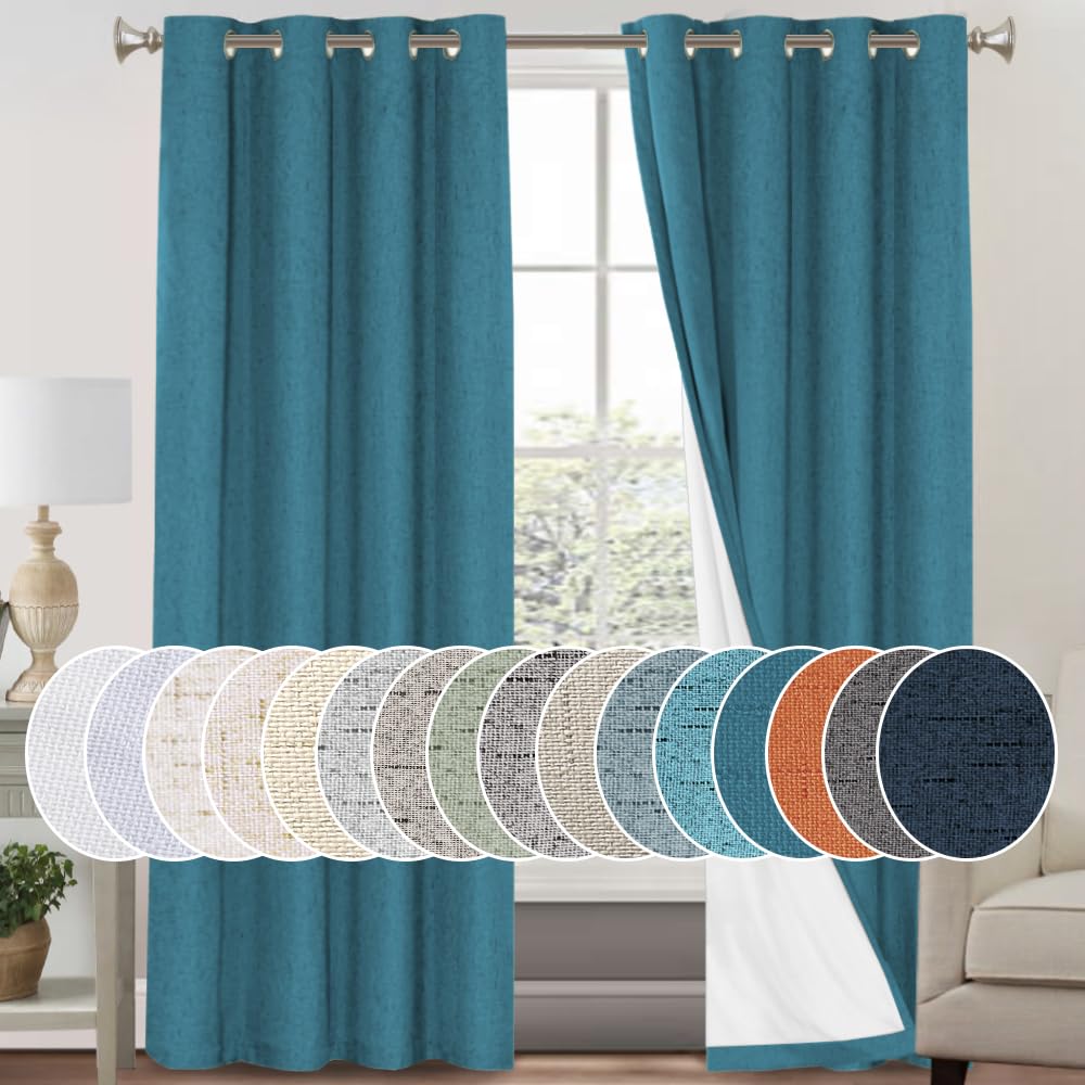 PrinceDeco Natural Linen Curtains 100% Blackout Linen Curtains for Bedroom Full Blackout Curtains 84 Inches Long Living Room Thermal Insulated Light Blocking Curtain Drapes White Backing, 2 Panels