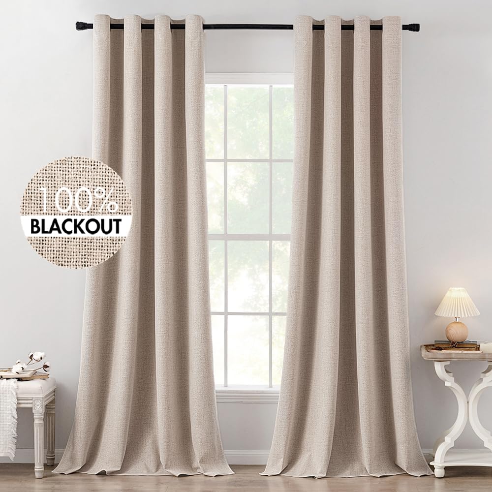MIULEE 100% Blackout Linen Curtains for Bedroom 52x84 Inches Natural Beige