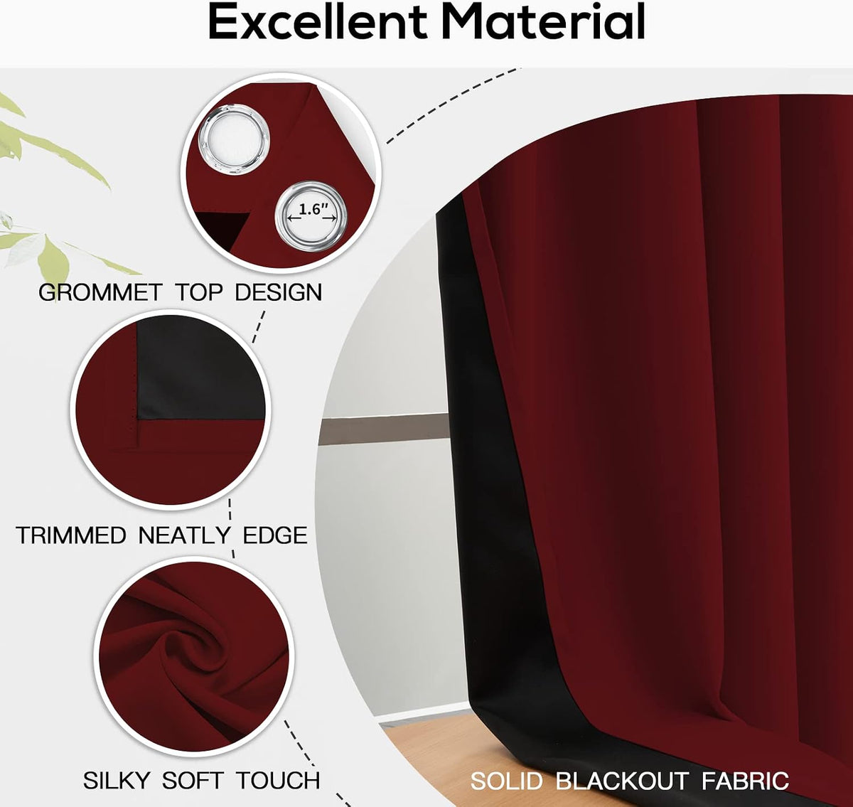 Yakamok Burgundy Red Blackout Curtains 84 inches Long for Bedroom 38" Wide