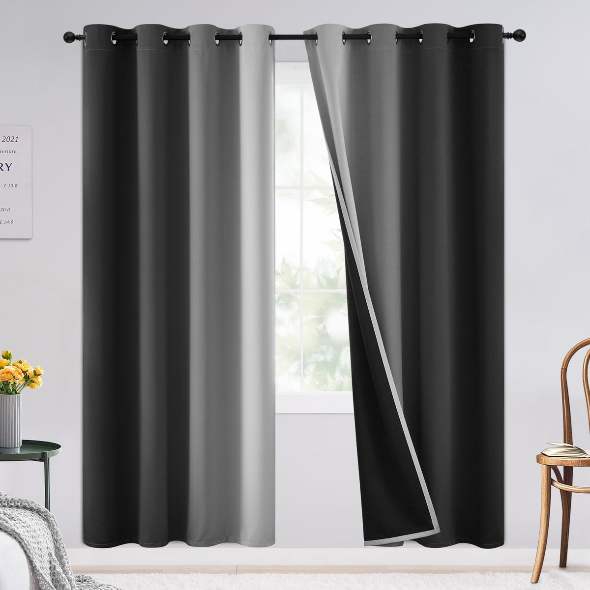SimpleHome Ombre Black to Grey White Curtains for Living Room 52Wx84L