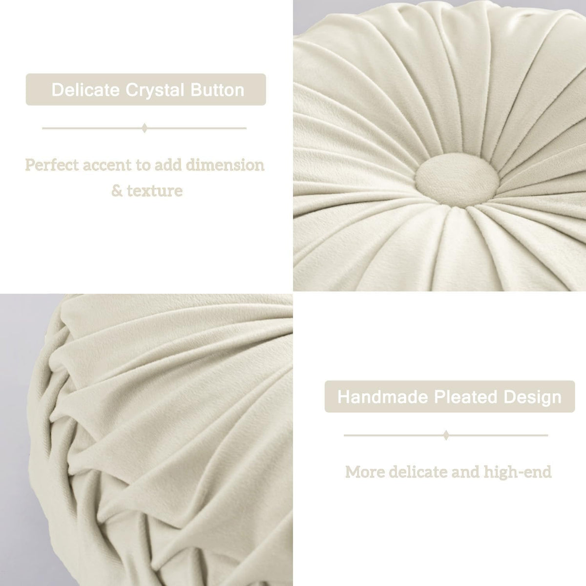 HIG Set of 2 Beige Velvet Decorative Round Pleated Throw Pillows