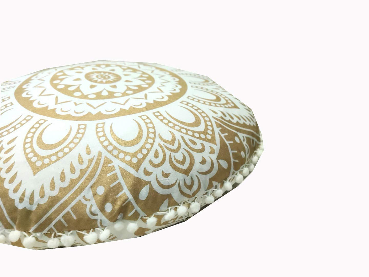 24" Black Gold Flower Mandala Barmeri Large Floor Pillow Cover Cushion Meditation Seating Ottoman Throw Cover Hippie Decorative Zipped Bohemian Pouf Ottoman Pom Pom Cases 24 " square