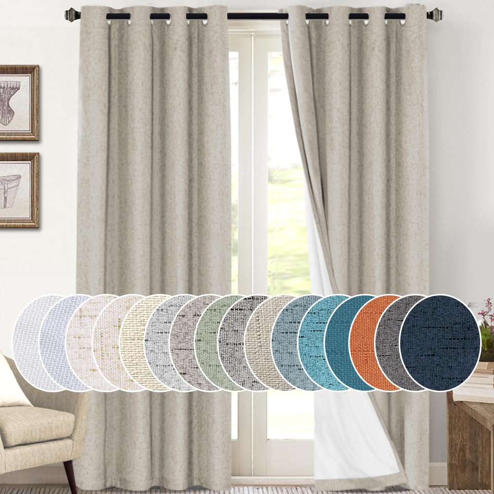 PrinceDeco Natural Linen Curtains 100% Blackout Linen Curtains for Bedroom Full Blackout Curtains 84 Inches Long Living Room Thermal Insulated Light Blocking Curtain Drapes White Backing, 2 Panels