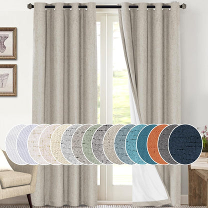 PrinceDeco Natural Linen Curtains 100% Blackout Linen Curtains for Bedroom Full Blackout Curtains 84 Inches Long Living Room Thermal Insulated Light Blocking Curtain Drapes White Backing, 2 Panels