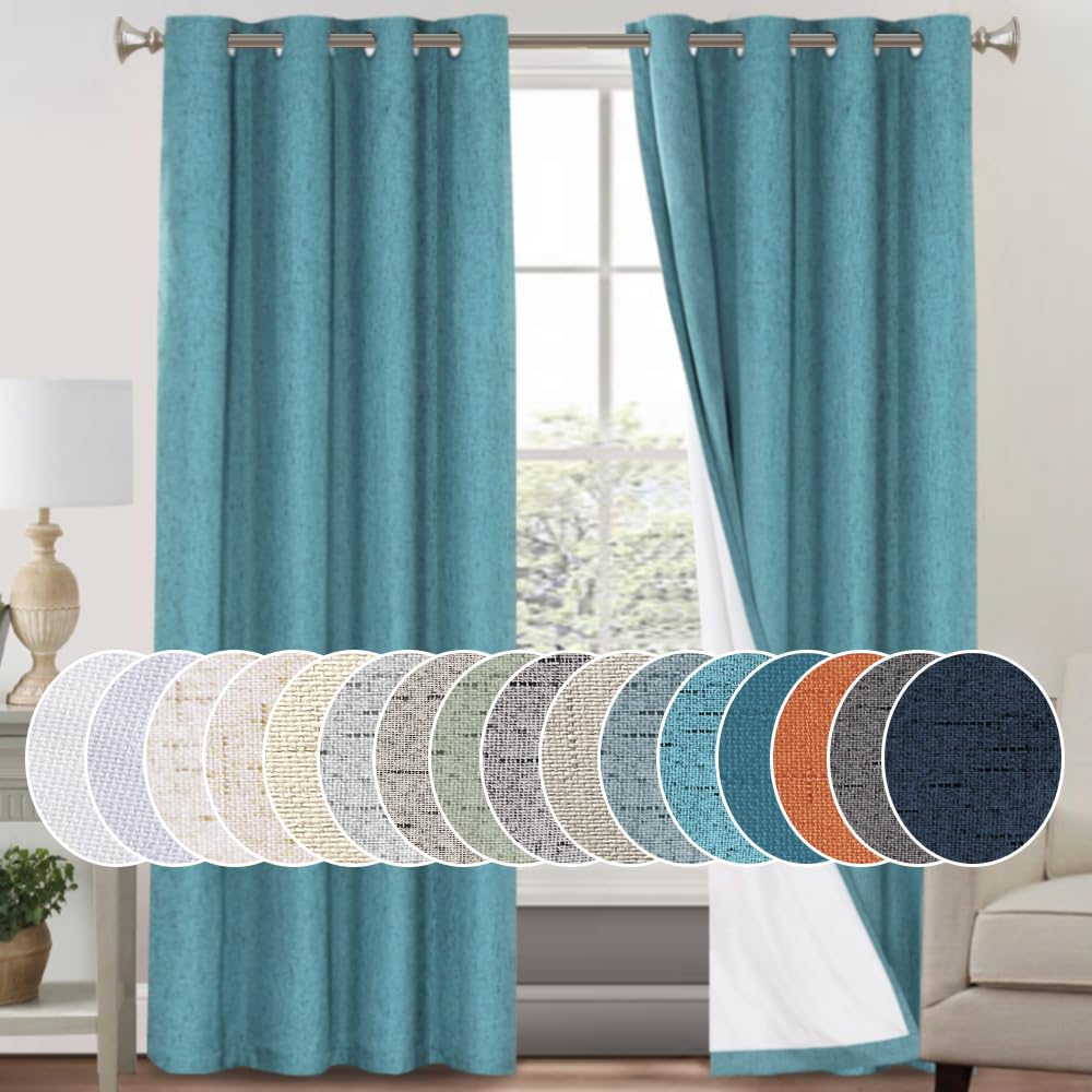 PrinceDeco Natural Linen Curtains 100% Blackout Linen Curtains for Bedroom Full Blackout Curtains 84 Inches Long Living Room Thermal Insulated Light Blocking Curtain Drapes White Backing, 2 Panels
