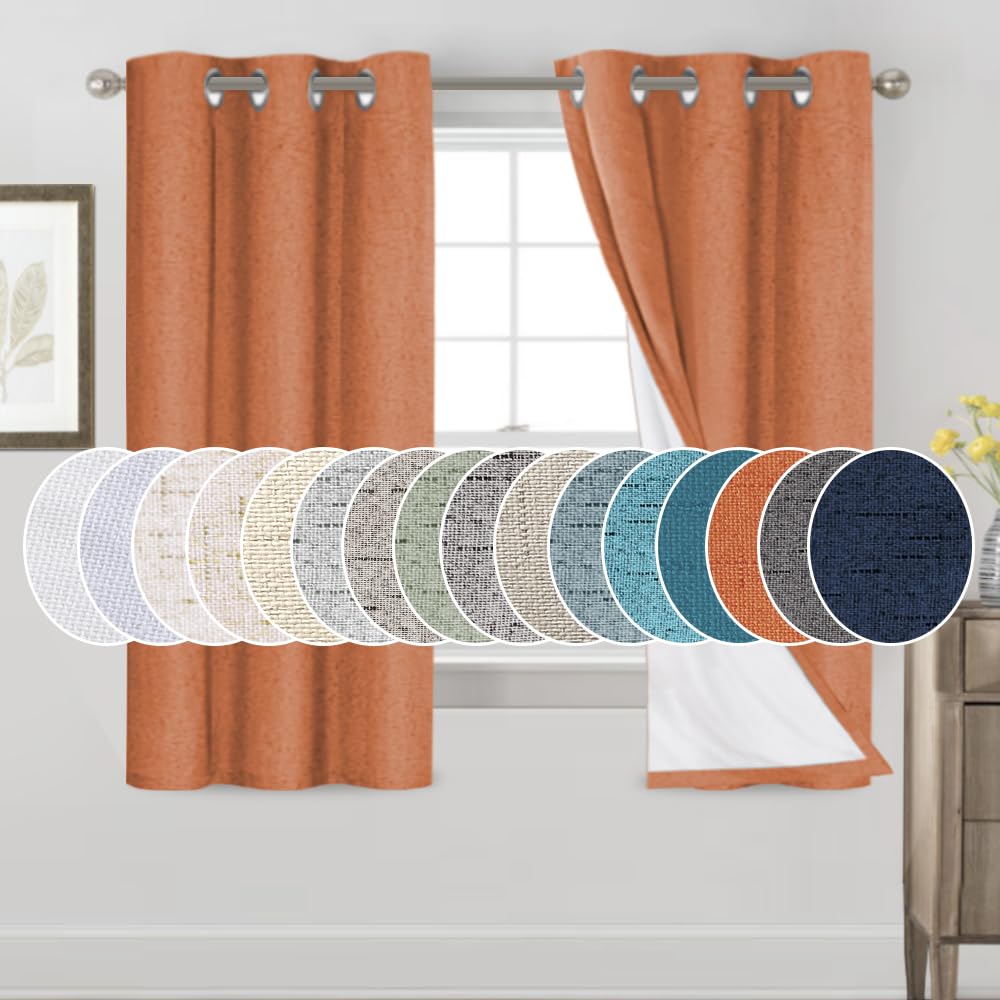PrinceDeco Natural Linen Curtains 100% Blackout Linen Curtains for Bedroom Full Blackout Curtains 84 Inches Long Living Room Thermal Insulated Light Blocking Curtain Drapes White Backing, 2 Panels