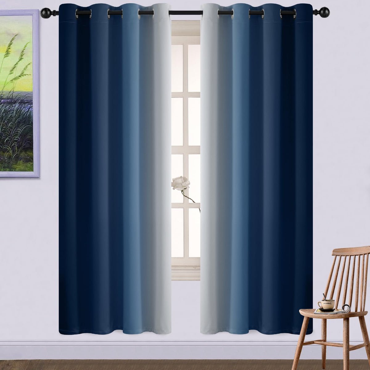 Yakamok Ombre Curtains Blue and Greyish White for Living Room,52Wx84L