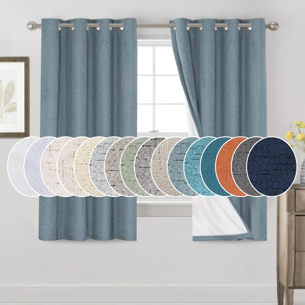PrinceDeco Natural Linen Curtains 100% Blackout Linen Curtains for Bedroom Full Blackout Curtains 84 Inches Long Living Room Thermal Insulated Light Blocking Curtain Drapes White Backing, 2 Panels