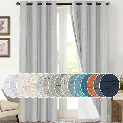 PrinceDeco Natural Linen Curtains 100% Blackout Linen Curtains for Bedroom Full Blackout Curtains 84 Inches Long Living Room Thermal Insulated Light Blocking Curtain Drapes White Backing, 2 Panels