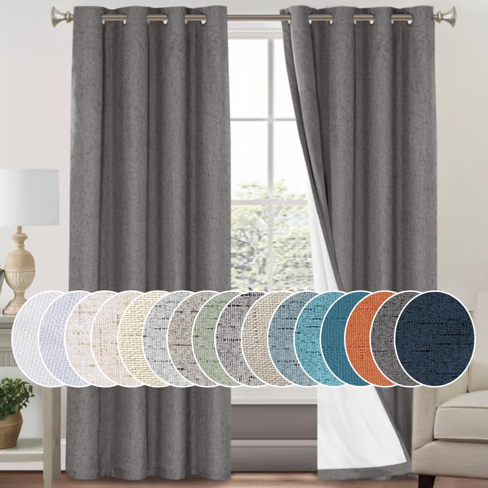 PrinceDeco Natural Linen Curtains 100% Blackout Linen Curtains for Bedroom Full Blackout Curtains 84 Inches Long Living Room Thermal Insulated Light Blocking Curtain Drapes White Backing, 2 Panels