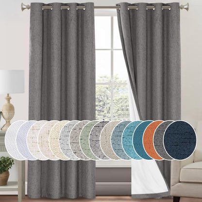 PrinceDeco Natural Linen Curtains 100% Blackout Linen Curtains for Bedroom Full Blackout Curtains 84 Inches Long Living Room Thermal Insulated Light Blocking Curtain Drapes White Backing, 2 Panels