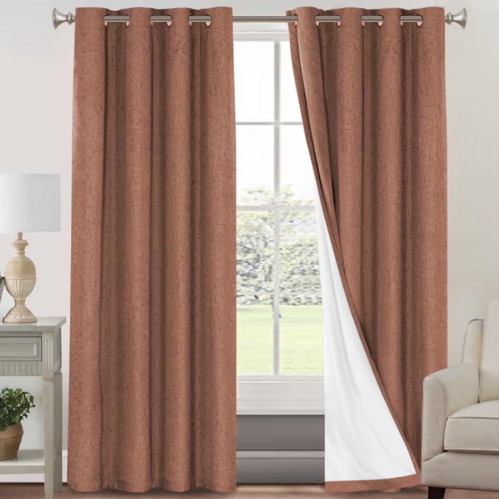 PrinceDeco Natural Linen Curtains 100% Blackout Linen Curtains for Bedroom Full Blackout Curtains 84 Inches Long Living Room Thermal Insulated Light Blocking Curtain Drapes White Backing, 2 Panels