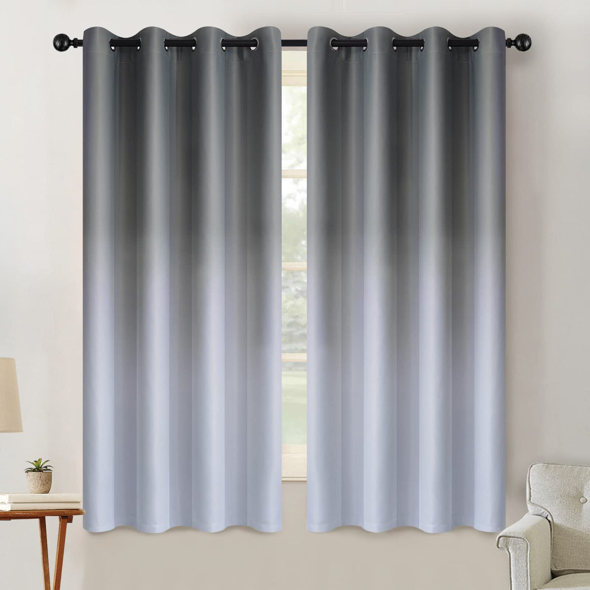 SimpleHome Ombre Black to Grey White Curtains for Living Room 52Wx84L
