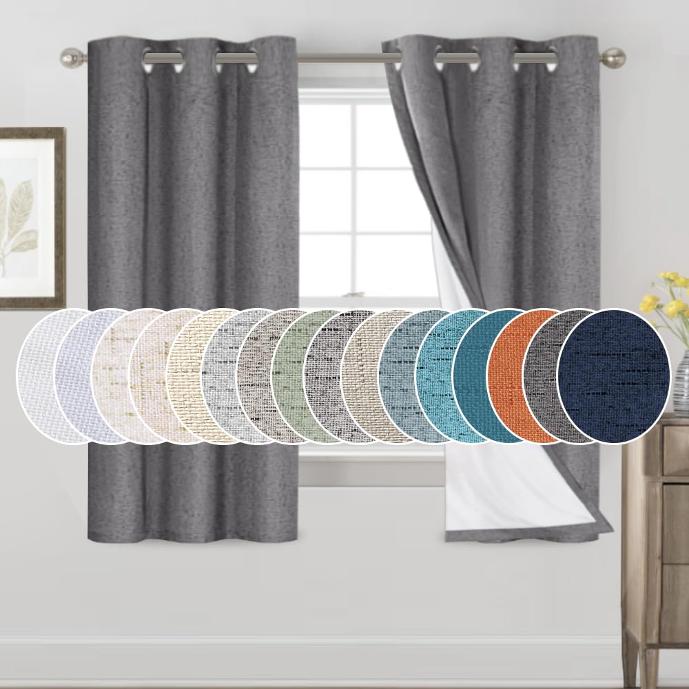 PrinceDeco Natural Linen Curtains 100% Blackout Linen Curtains for Bedroom Full Blackout Curtains 84 Inches Long Living Room Thermal Insulated Light Blocking Curtain Drapes White Backing, 2 Panels