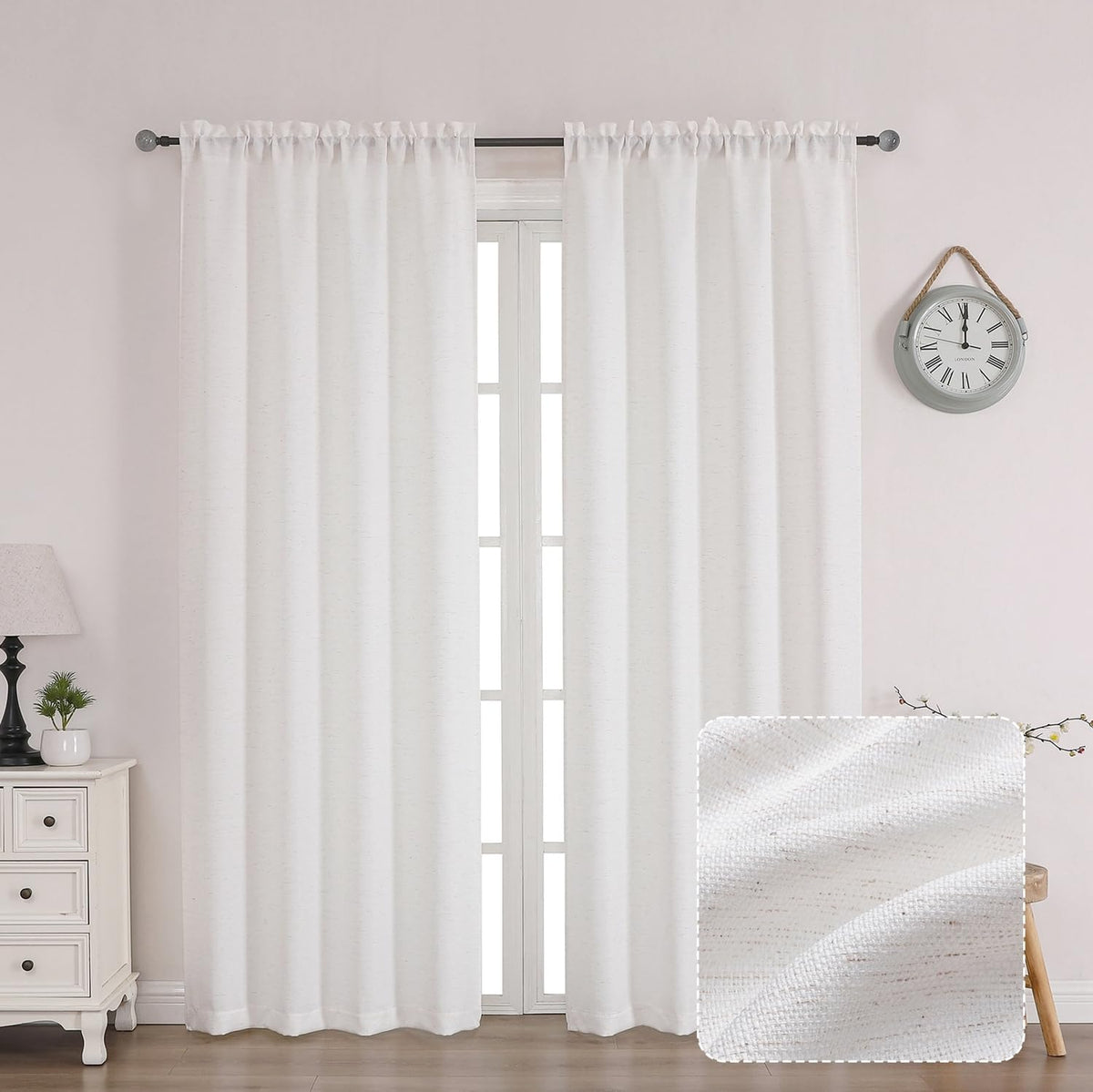 Chyhomenyc White Curtains 45 Inch Length 2 Panels, Faux Linen Textured