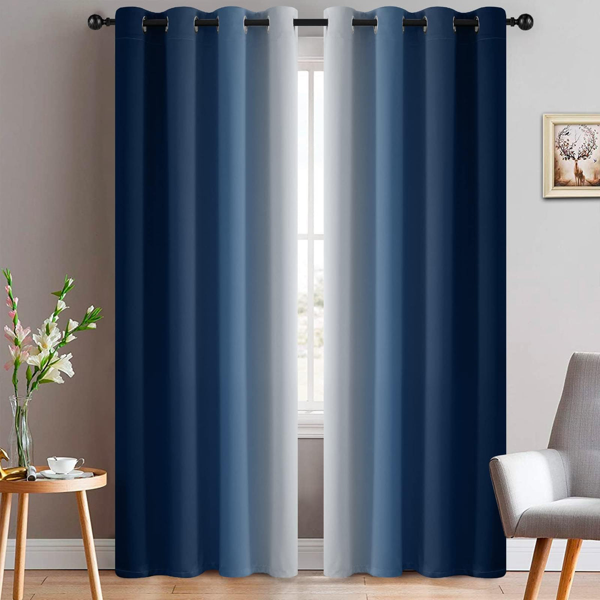 Yakamok Ombre Curtains Blue and Greyish White for Living Room,52Wx84L