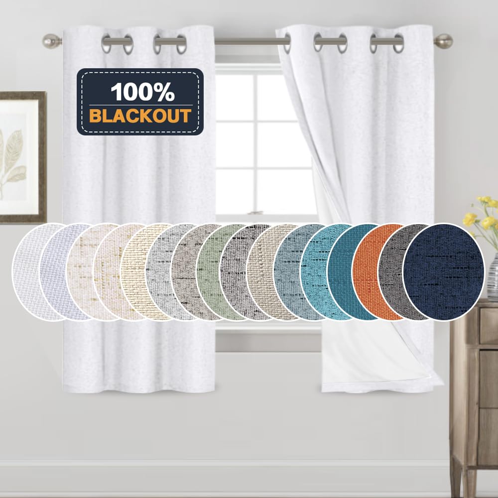 PrinceDeco Natural Linen Curtains 100% Blackout Linen Curtains for Bedroom Full Blackout Curtains 84 Inches Long Living Room Thermal Insulated Light Blocking Curtain Drapes White Backing, 2 Panels