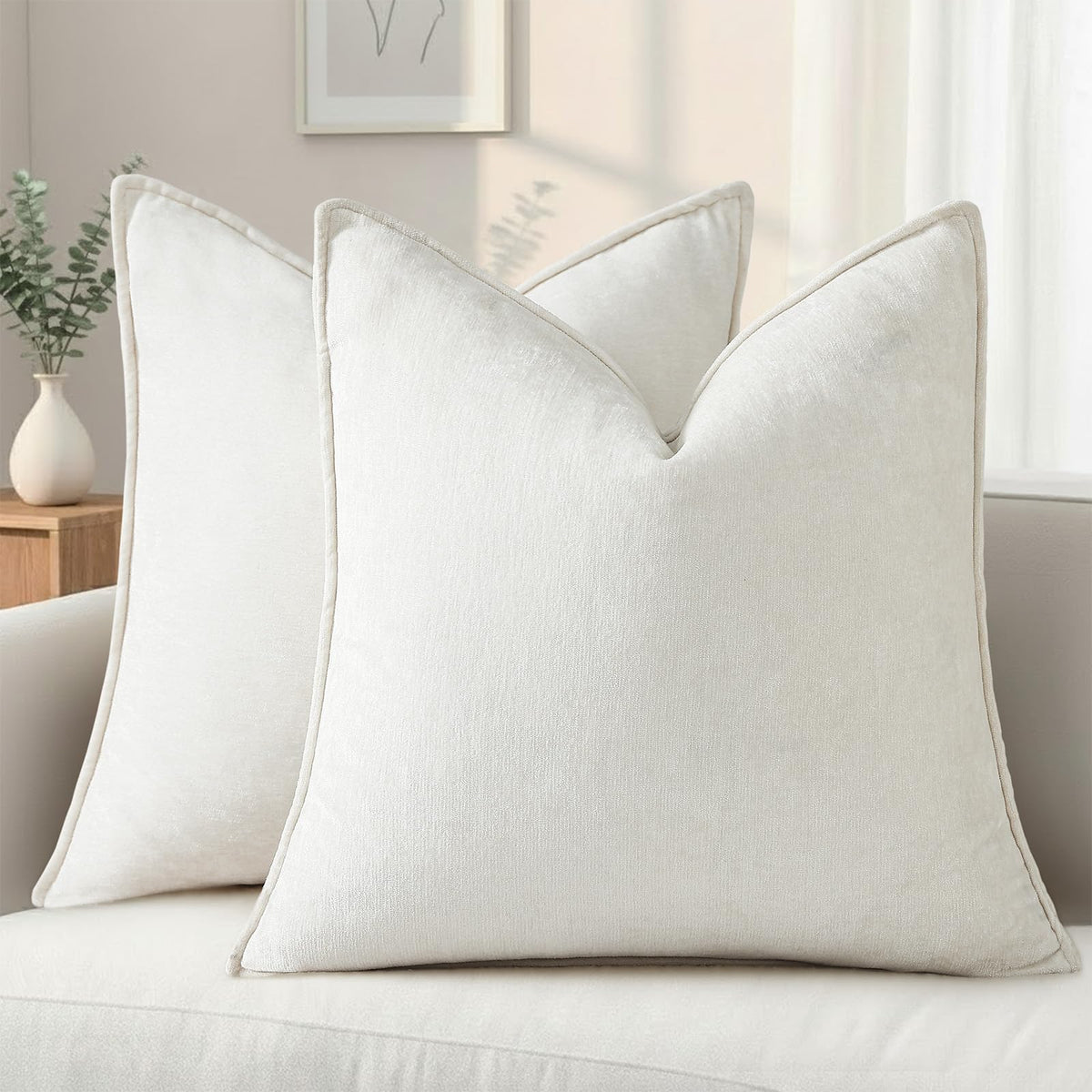 decorUhome Chenille Beige Velvet Throw Pillow Covers 18x18 Set of 2